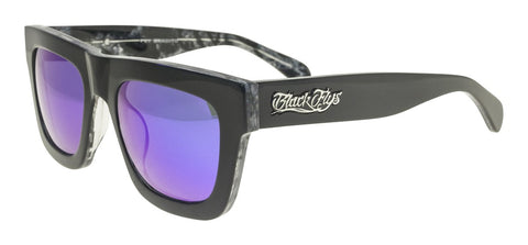 BLACK FLYS BANDITO SUNGLASSES SHINY BLACK GREY MARBLE BLUE LENS