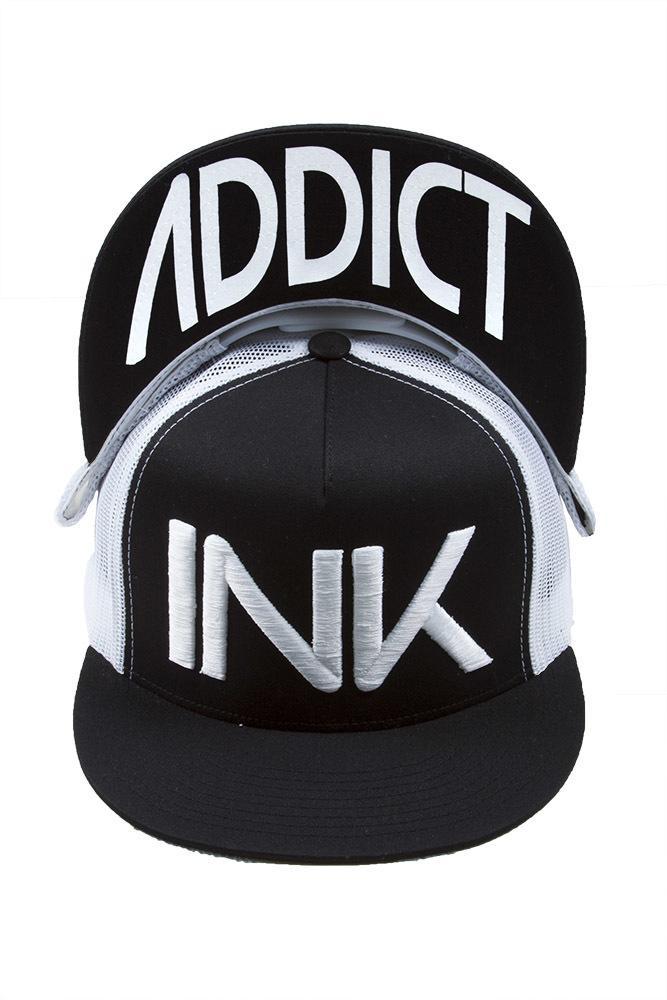 InkAddict FLAT BILL TRUCKER Hat BLACK / WHITE