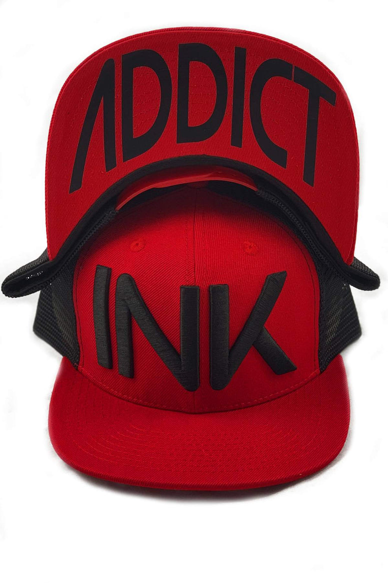 InkAddict FLAT BILL TRUCKER Hat BLACK / RED